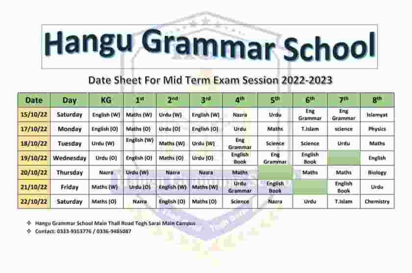 Date sheet for mid term exam 22-23